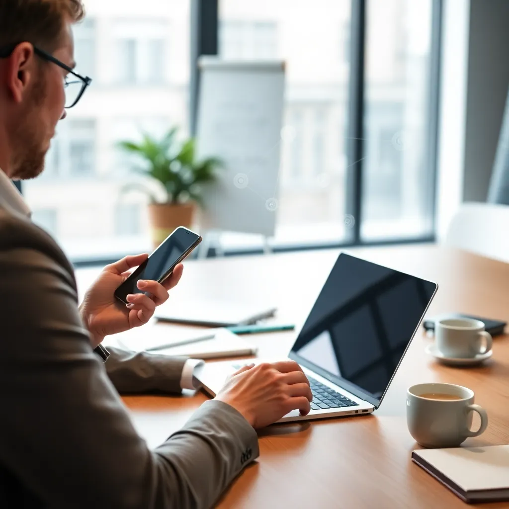Professional die contacten bijhoudt via laptop en telefoon in modern kantoor