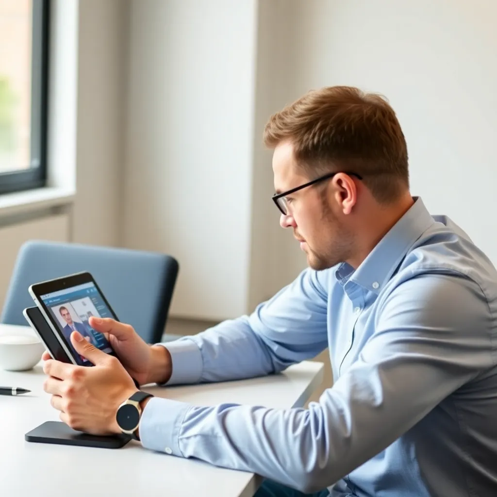 Professional die digitale netwerktools gebruikt op kantoor