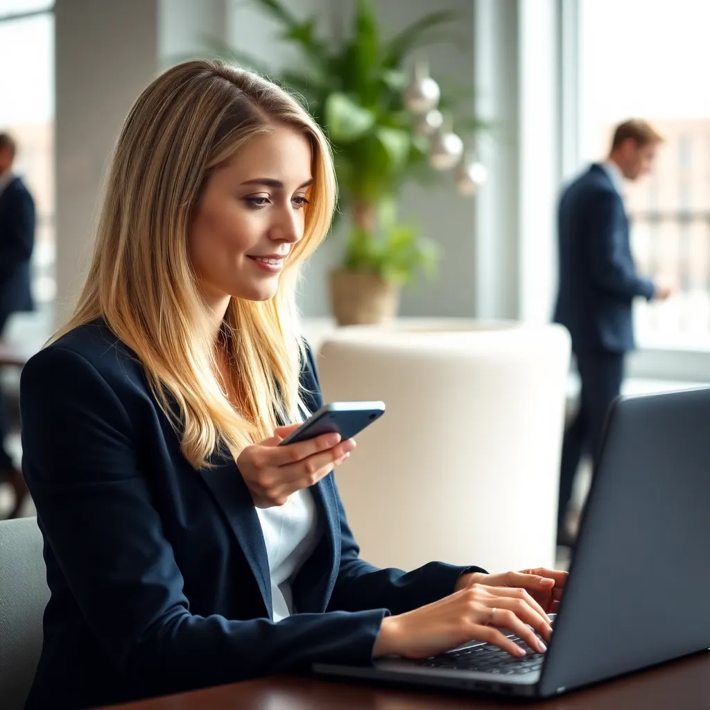 Professionele vrouw die contacten beheert op laptop en smartphone