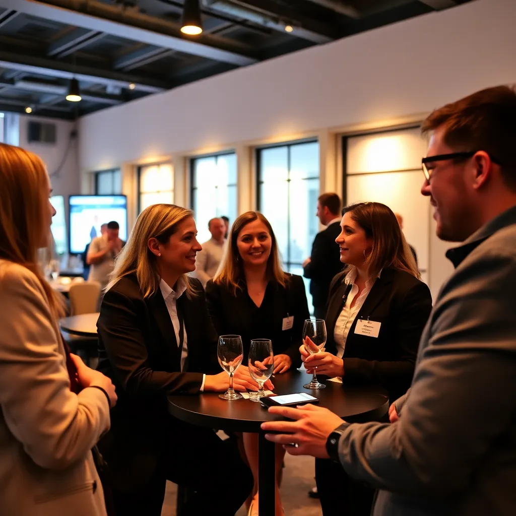 Nederlandse zakenlieden wisselen visitekaartjes uit tijdens een informele borrel