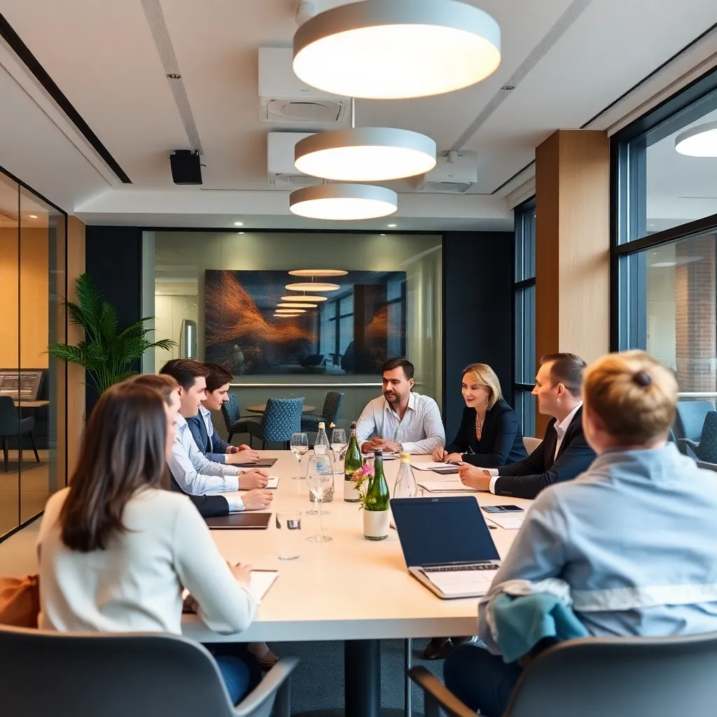 Professionele netwerker gebruikt LinkedIn op laptop in modern kantoor